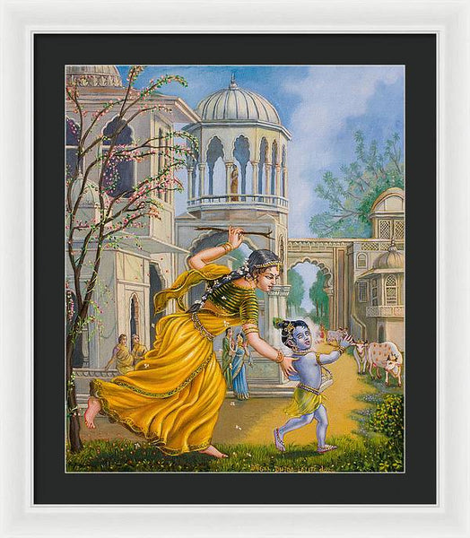 Yashoda Chasing Baby Krishna - Framed Print