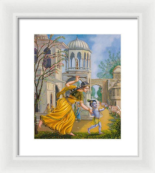 Yashoda Chasing Baby Krishna - Framed Print