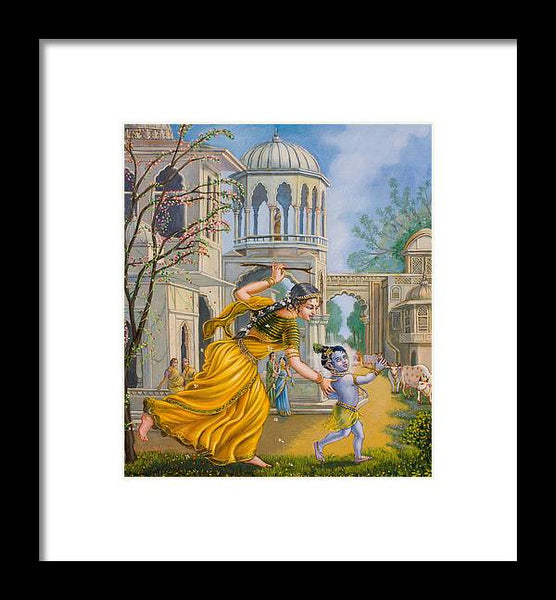 Yashoda Chasing Baby Krishna - Framed Print