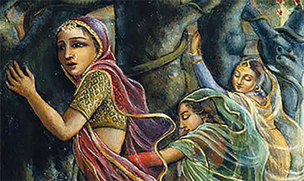 Gopis embracing the Tamala trees – Krishna Protects Vrindavan