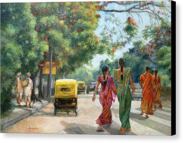 India Street Scene in Flowery Bangalore - Canvas Print