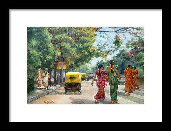 India Street Scene in Flowery Bangalore - Framed Print