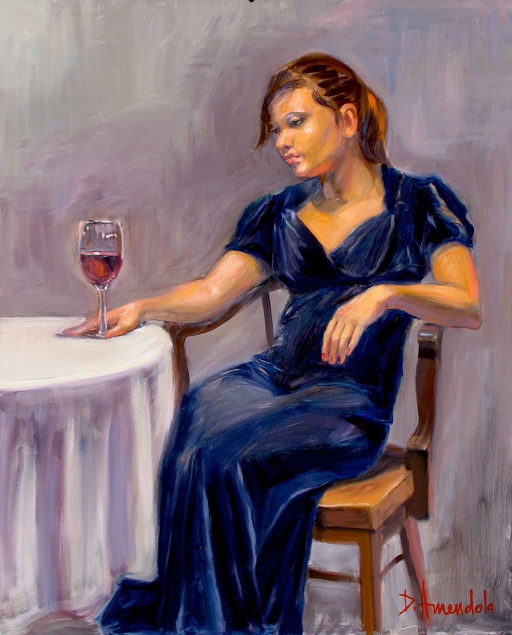 Girl in blue with a glass of wine