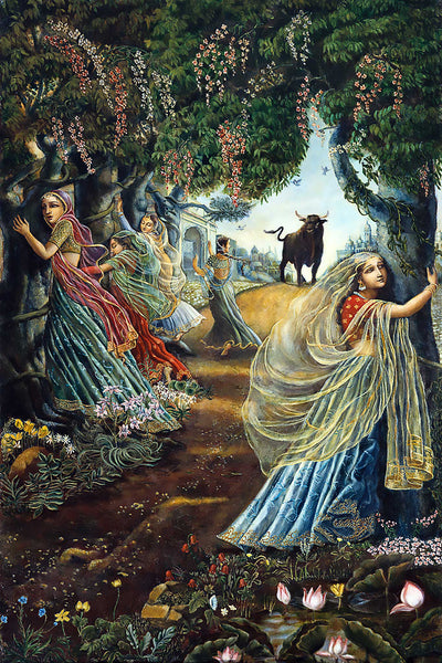 Gopis embracing the Tamala trees – Krishna Protects Vrindavan