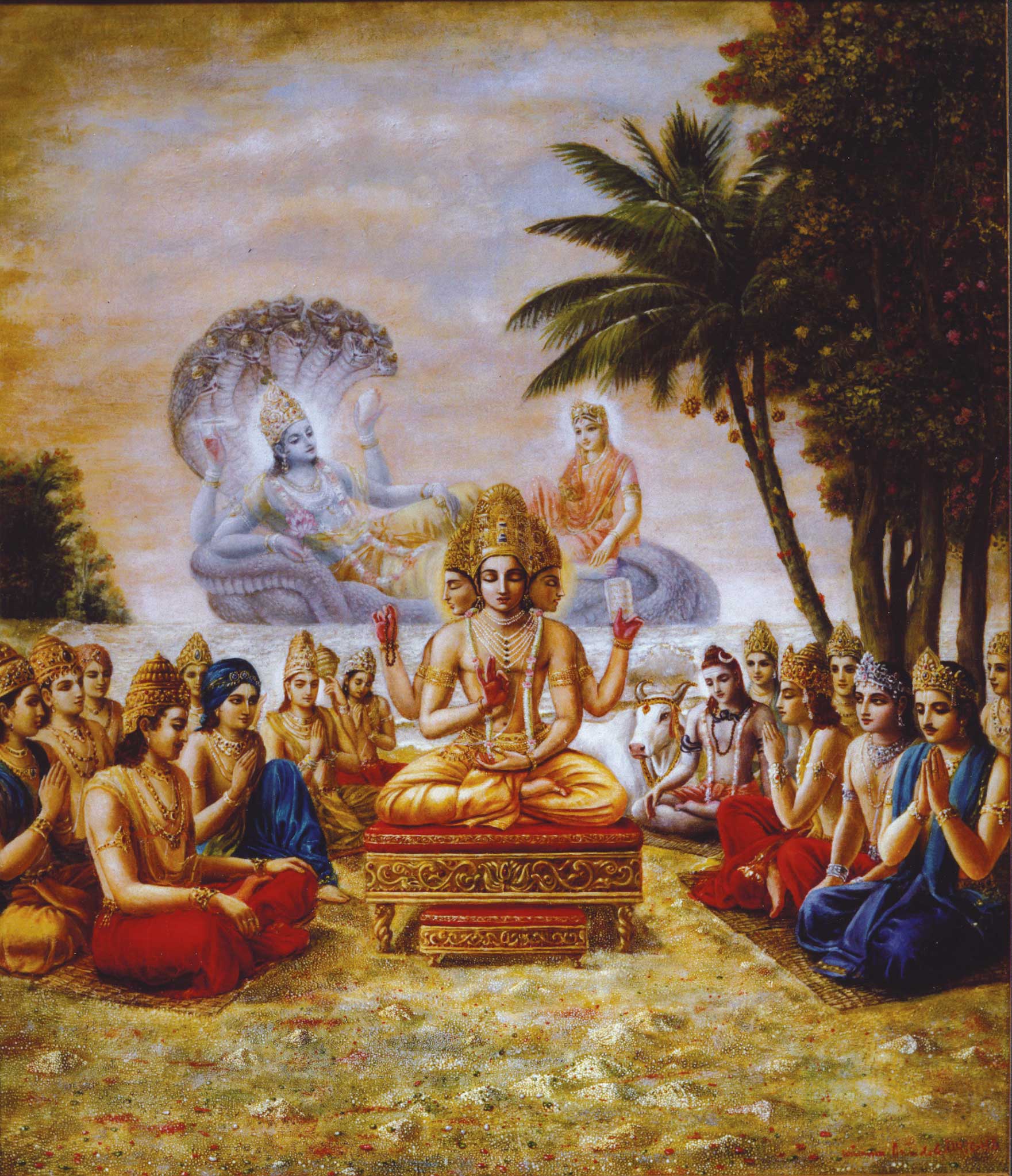 Brahma meditates on Visnu