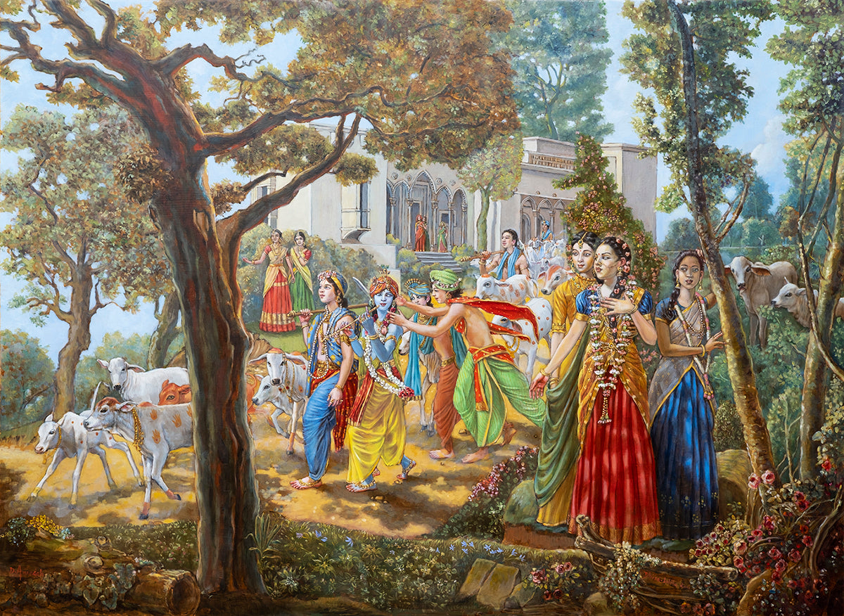 Krishna and Balaram take the cows to the pasture