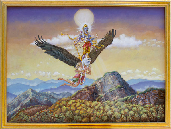 Lord Visnu flying on Garuda
