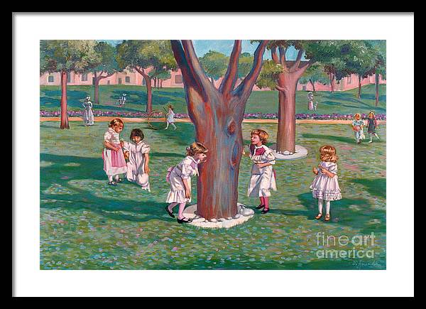 Children Playing Around A Tree - Framed Print