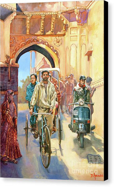 India street scene with a bicycle rickshaw - Canvas Print