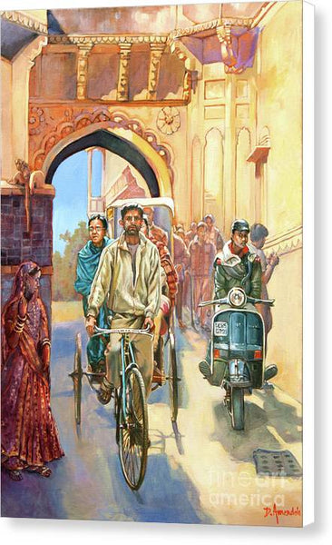 India street scene with a bicycle rickshaw - Canvas Print