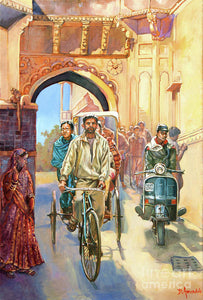 India street scene with a bicycle rickshaw - Art Print