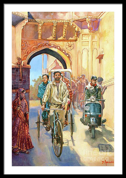 India street scene with a bicycle rickshaw - Framed Print
