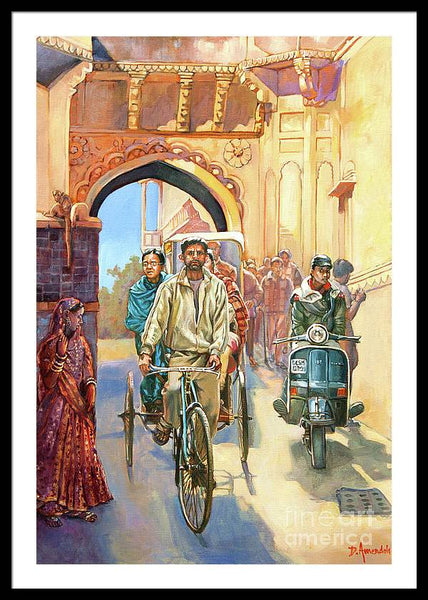 India street scene with a bicycle rickshaw - Framed Print