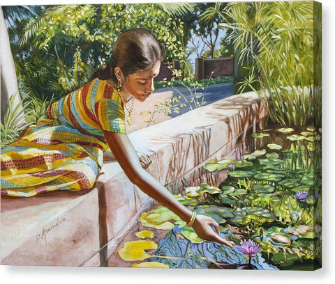 Indian Girl Near The Waterlilies  - Canvas Print