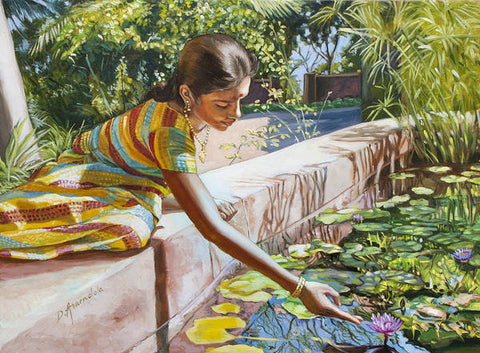 Indian Girl Near The Waterlilies  - Art Print