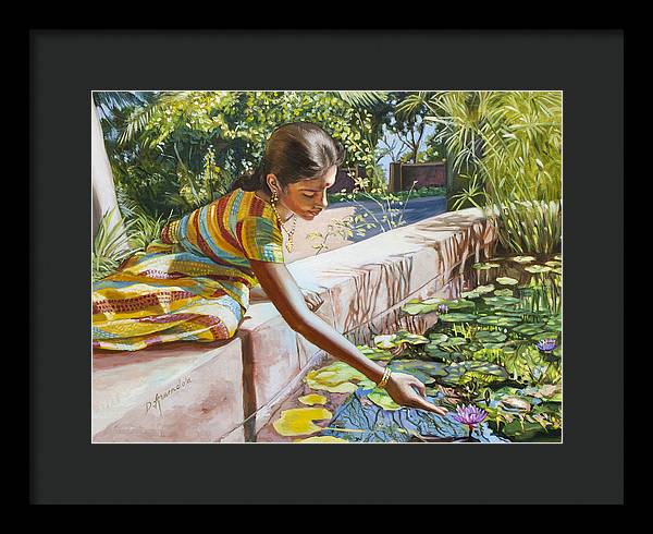 Indian Girl Near The Waterlilies  - Framed Print