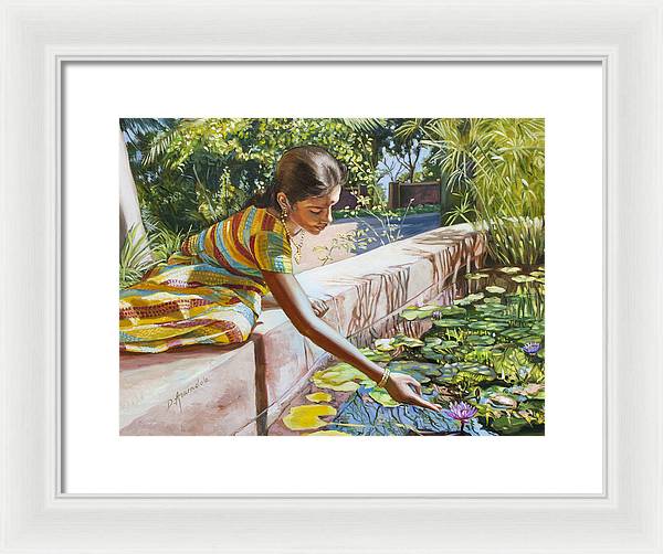 Indian Girl Near The Waterlilies  - Framed Print