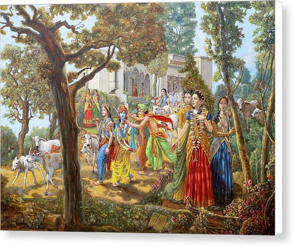 Krishna and Balaram Leave Vrindavan for the Forest with Their Friends and Cows - Canvas Print