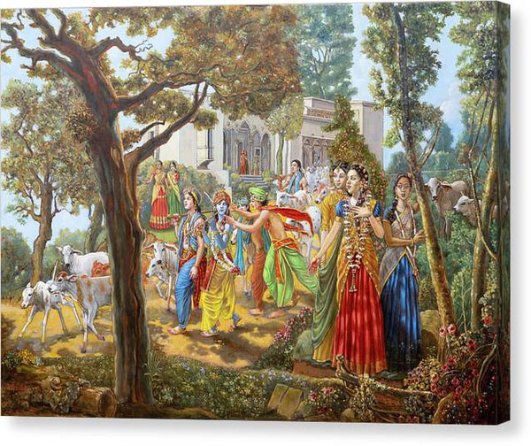 Krishna and Balaram Leave Vrindavan for the Forest with Their Friends and Cows - Canvas Print