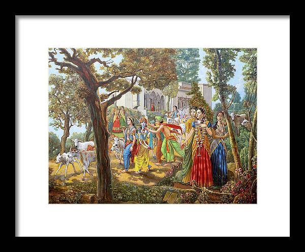 Krishna and Balaram Leave Vrindavan for the Forest with Their Friends and Cows - Framed Print