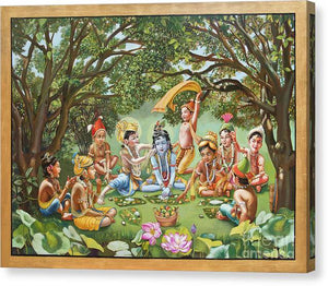 Krishna Eats Lunch With His Friends with gold border - Canvas Print