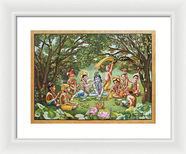 Krishna Eats Lunch With His Friends with gold border - Framed Print