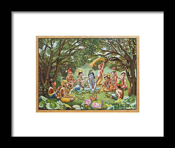 Krishna Eats Lunch With His Friends with gold border - Framed Print