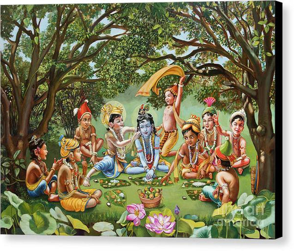 Krishna eats lunch with his friends with no border - Canvas Print