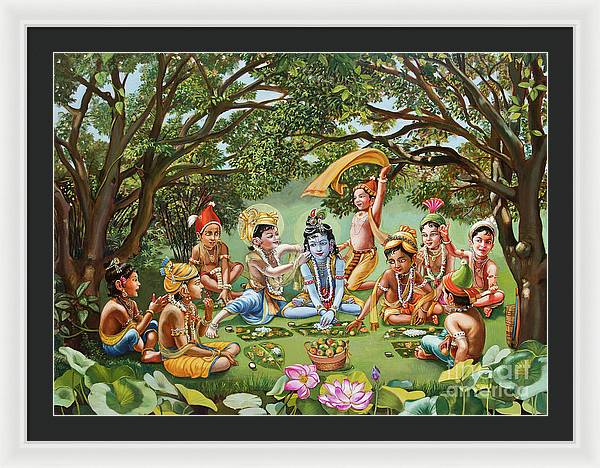 Krishna eats lunch with his friends with no border - Framed Print