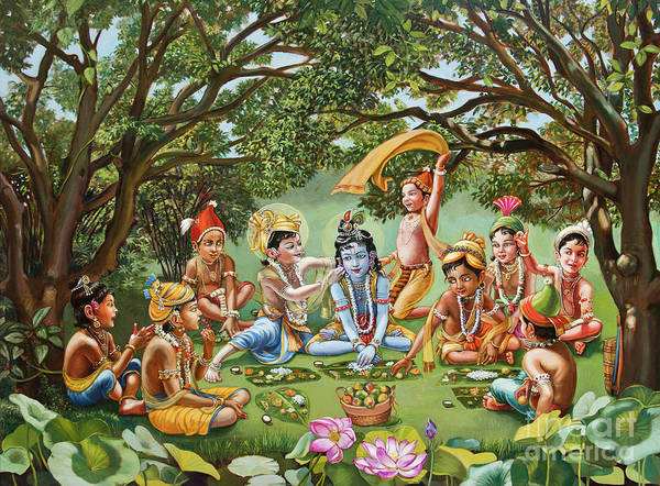 Krishna eats lunch with his friends with no border - Art Print