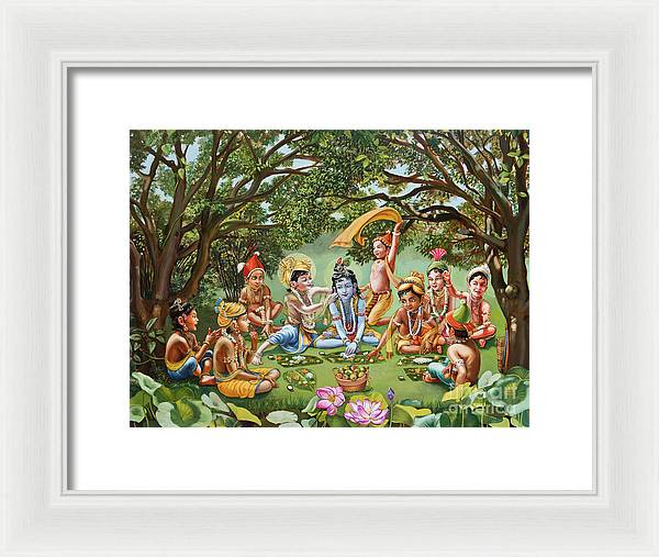 Krishna eats lunch with his friends with no border - Framed Print