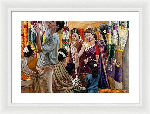 Ladies At The Flower Market In India - Framed Print