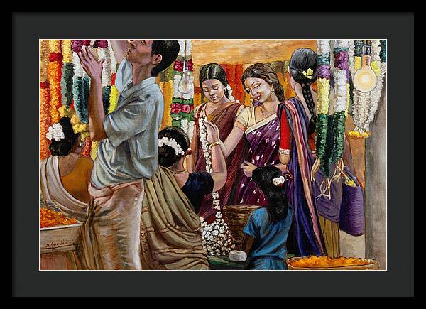 Ladies At The Flower Market In India - Framed Print