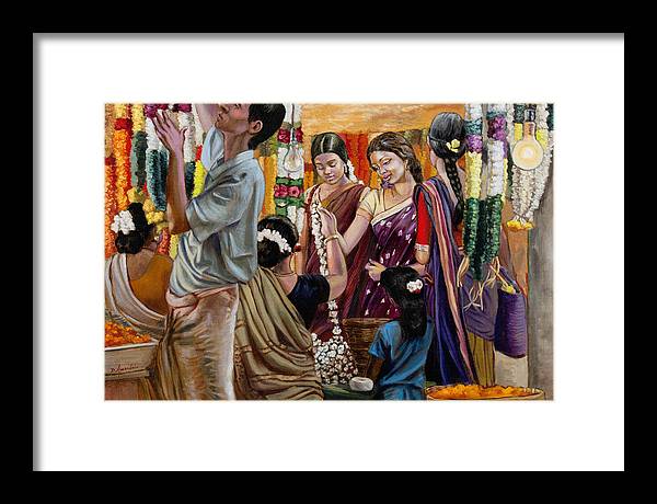 Ladies At The Flower Market In India - Framed Print