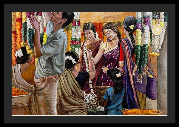 Ladies At The Flower Market In India - Framed Print