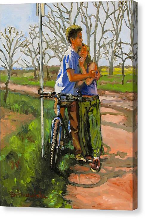Lovers leaning against a bicycle - Canvas Print