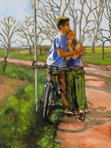 Lovers leaning against a bicycle - Art Print