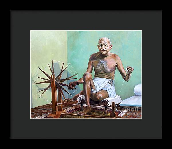 Mahatma Gandhi Spinning - Framed Print