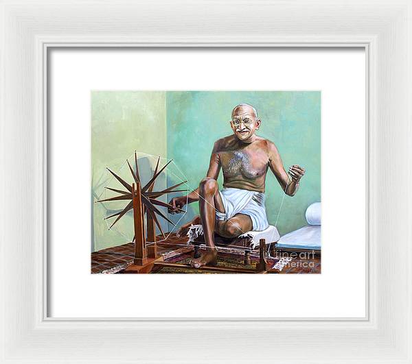 Mahatma Gandhi Spinning - Framed Print