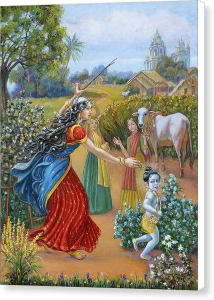 Mother Yashoda Chasing Baby Krishna - Canvas Print