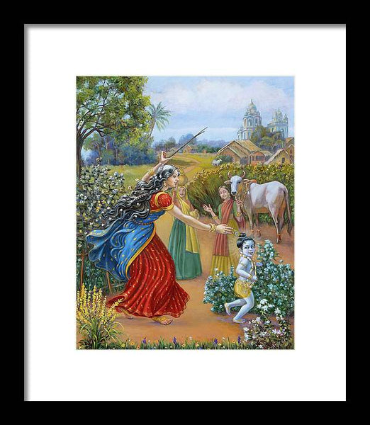 Mother Yashoda Chasing Baby Krishna - Framed Print