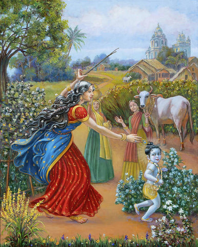 Mother Yashoda Chasing Baby Krishna - Art Print