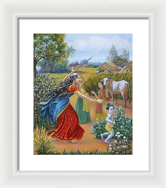 Mother Yashoda Chasing Baby Krishna - Framed Print