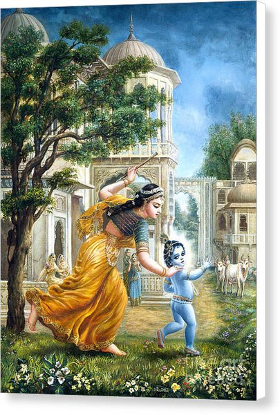 Mother Yashoda Tries To Catch Krishna - Canvas Print