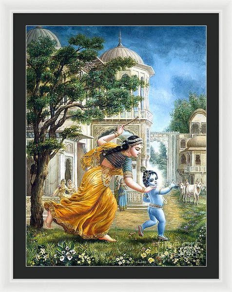 Mother Yashoda Tries To Catch Krishna - Framed Print