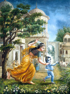 Mother Yashoda Tries To Catch Krishna - Art Print