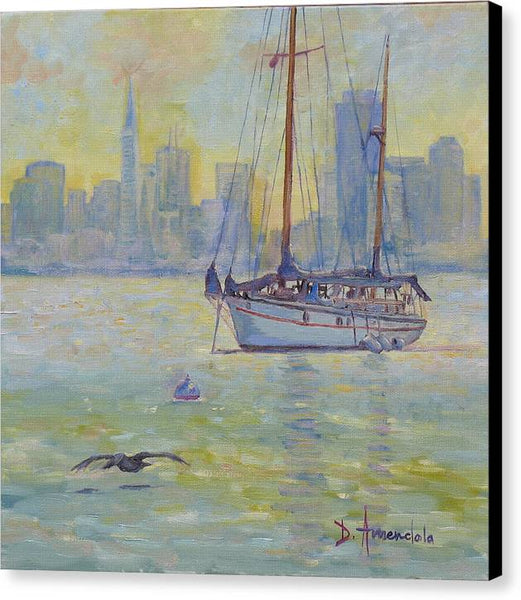 Sailboat anchored at sunset - Canvas Print