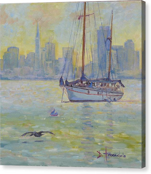 Sailboat anchored at sunset - Canvas Print