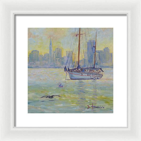 Sailboat anchored at sunset - Framed Print