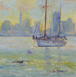 Sailboat anchored at sunset - Art Print